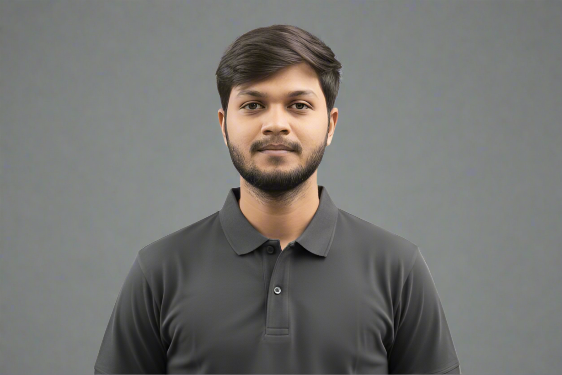 Man wearing a dark gray polo shirt on a white background