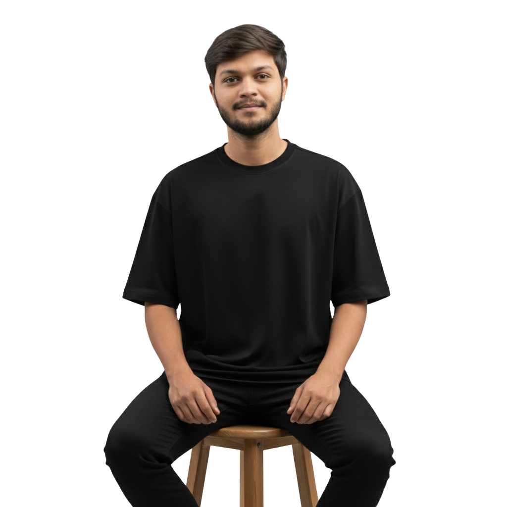 Oversized Plain Black Round-Neck T-Shirt – Premium Cotton | Relaxed Fit