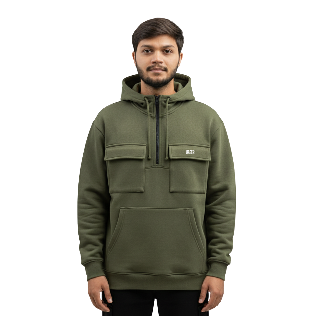 Cargo Quarter-Zip Hoodie – Olive Green